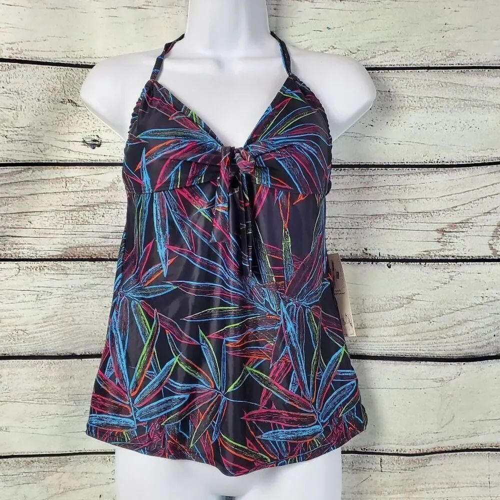 Caribbean Sand Women's Halter Tankini Top Medium 10/12 Tropical Neon Print NWT